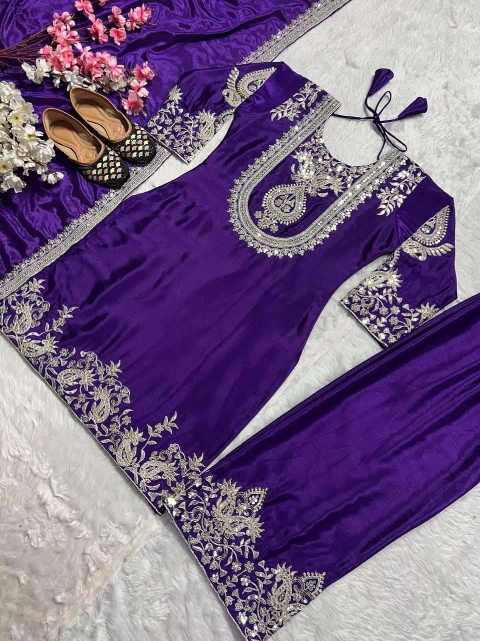 Heavy Chinon Silk with heavy embroidery Top Pant with Dupatta Set