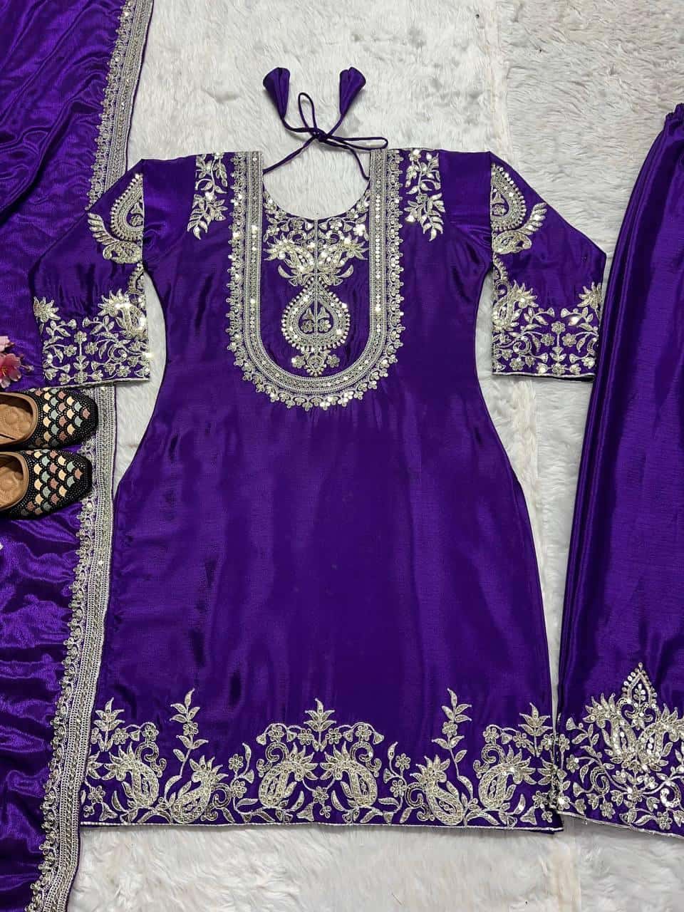 Heavy Chinon Silk with heavy embroidery Top Pant with Dupatta Set