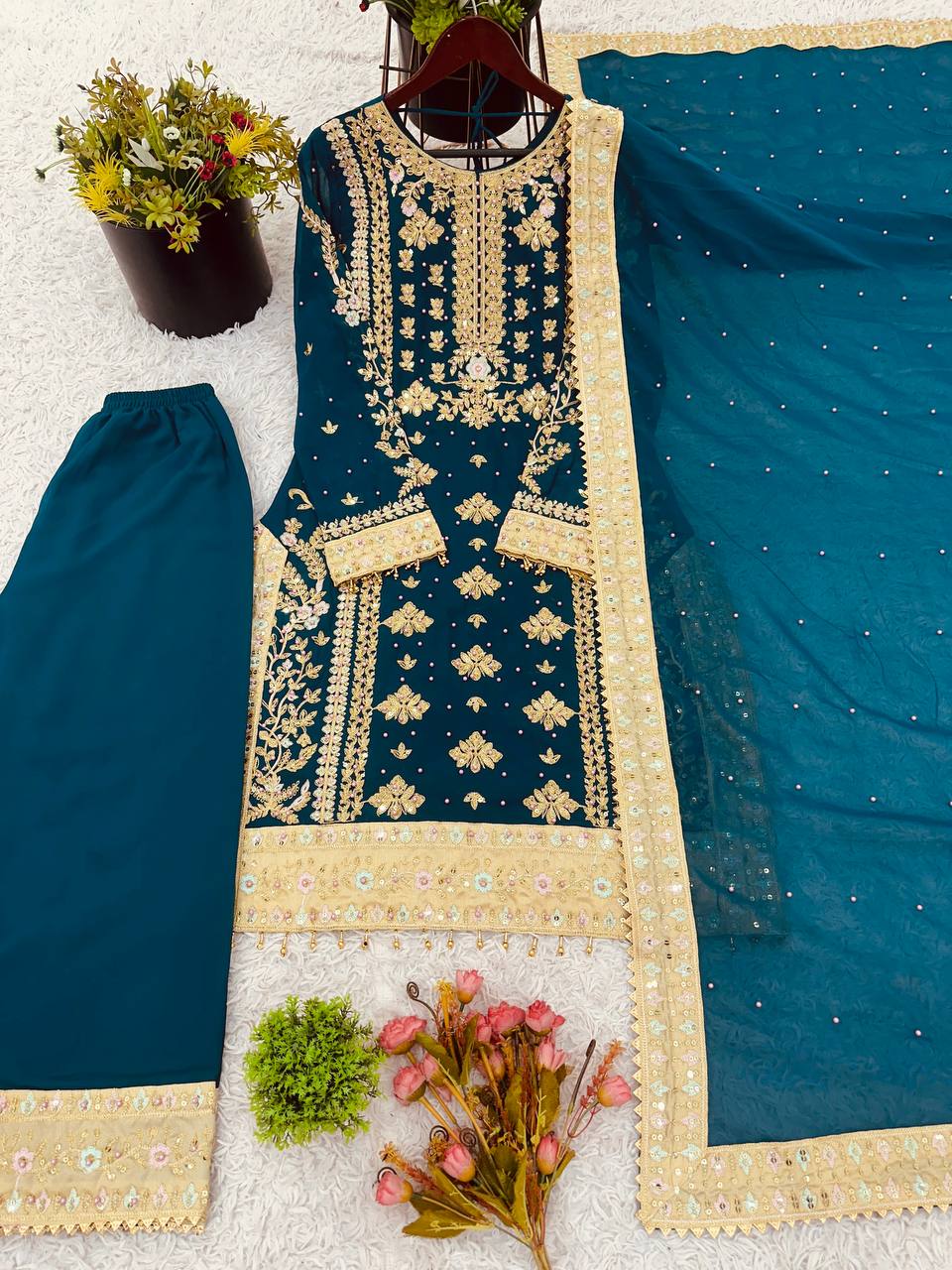 Wedding wear Heavy Georgette Embroidered Top  Bottom Set with Dupatta