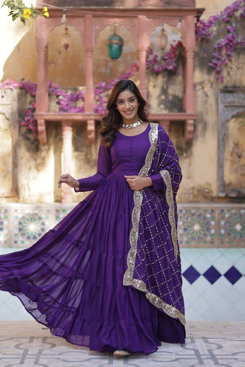 "Luxurious Star Georgette Gown with Full Sleeves and Sequins Dupatta"