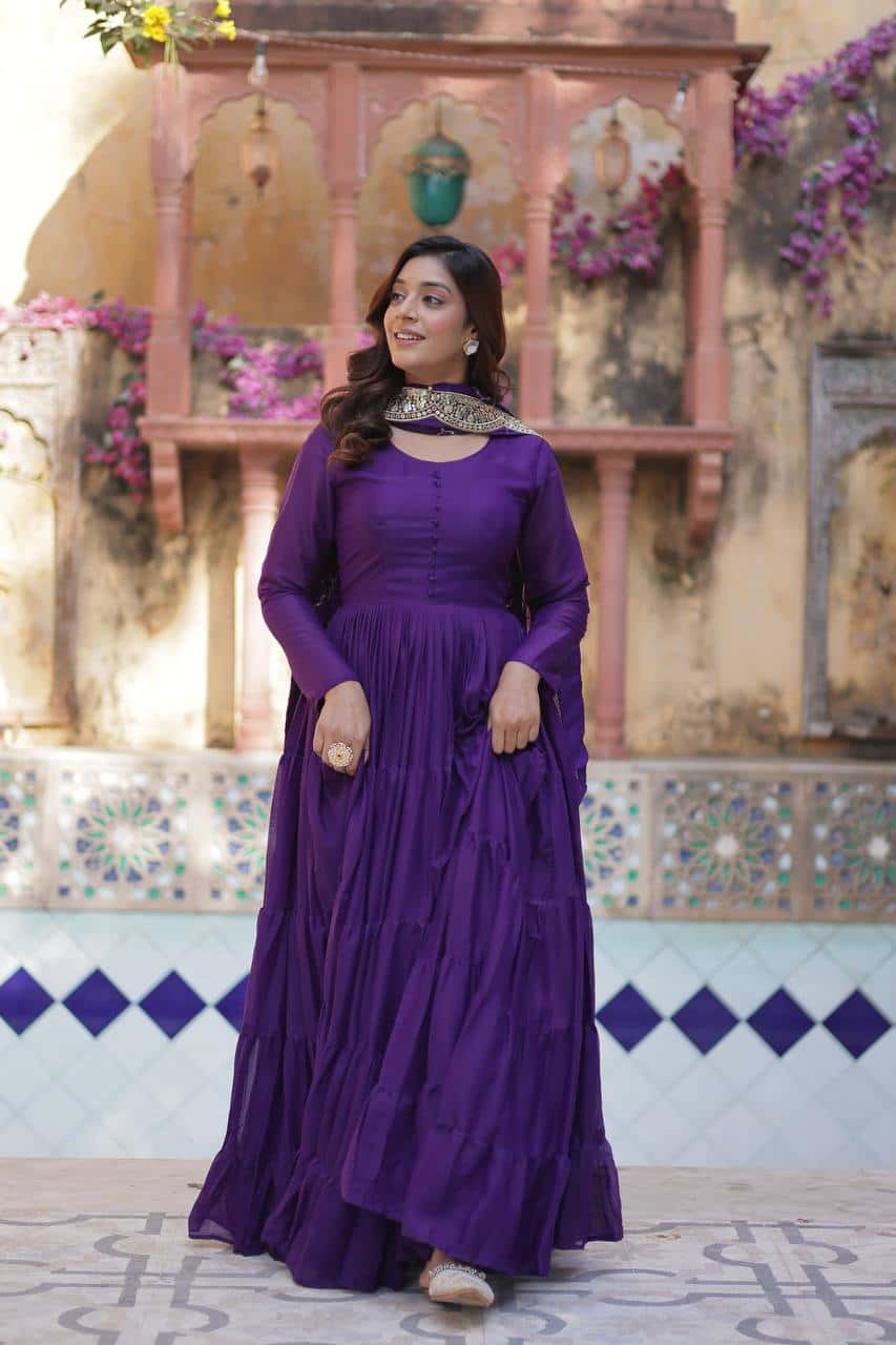 "Luxurious Star Georgette Gown with Full Sleeves and Sequins Dupatta"