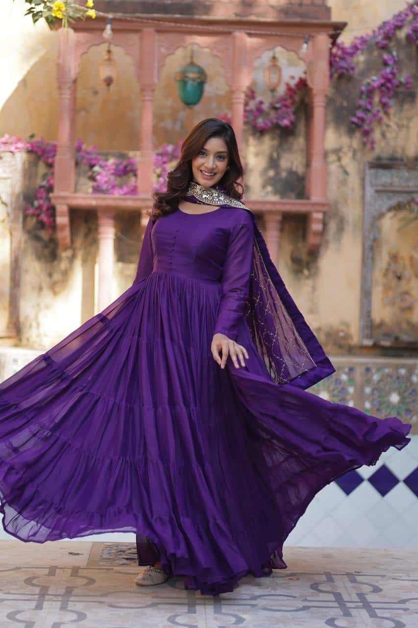 "Luxurious Star Georgette Gown with Full Sleeves and Sequins Dupatta"