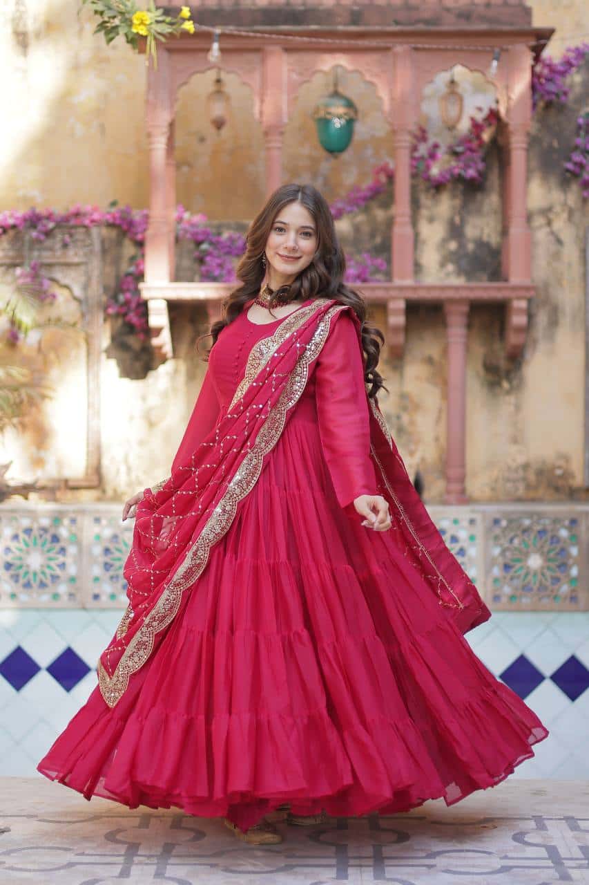 "Luxurious Star Georgette Gown with Full Sleeves and Sequins Dupatta"