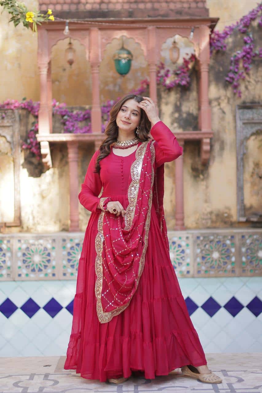 "Luxurious Star Georgette Gown with Full Sleeves and Sequins Dupatta"