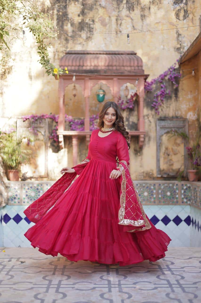 "Luxurious Star Georgette Gown with Full Sleeves and Sequins Dupatta"