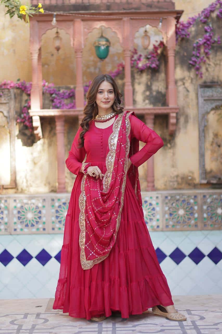 "Luxurious Star Georgette Gown with Full Sleeves and Sequins Dupatta"