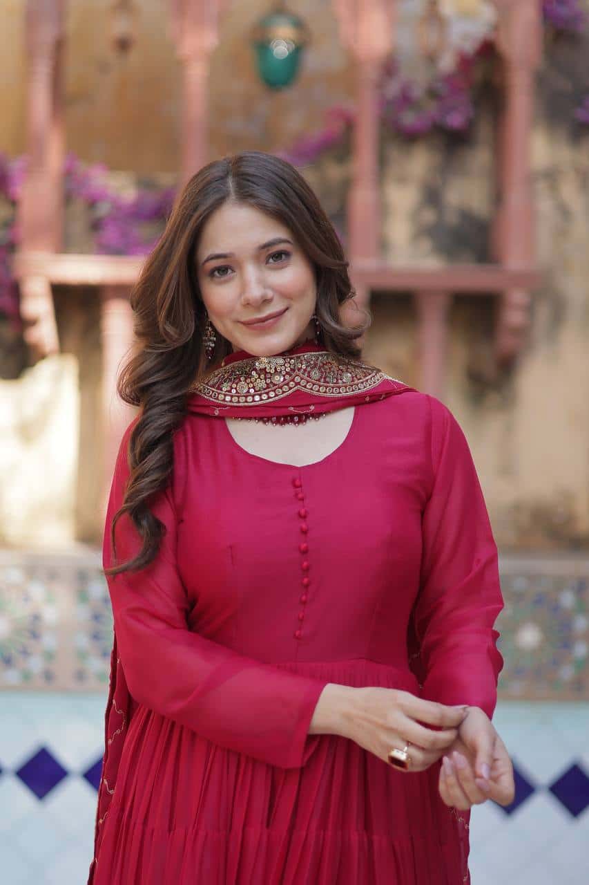 "Luxurious Star Georgette Gown with Full Sleeves and Sequins Dupatta"