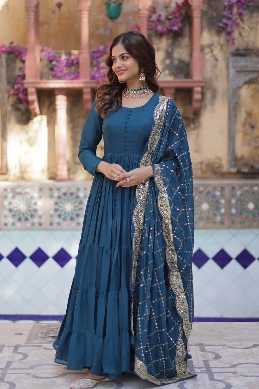 "Luxurious Star Georgette Gown with Full Sleeves and Sequins Dupatta"