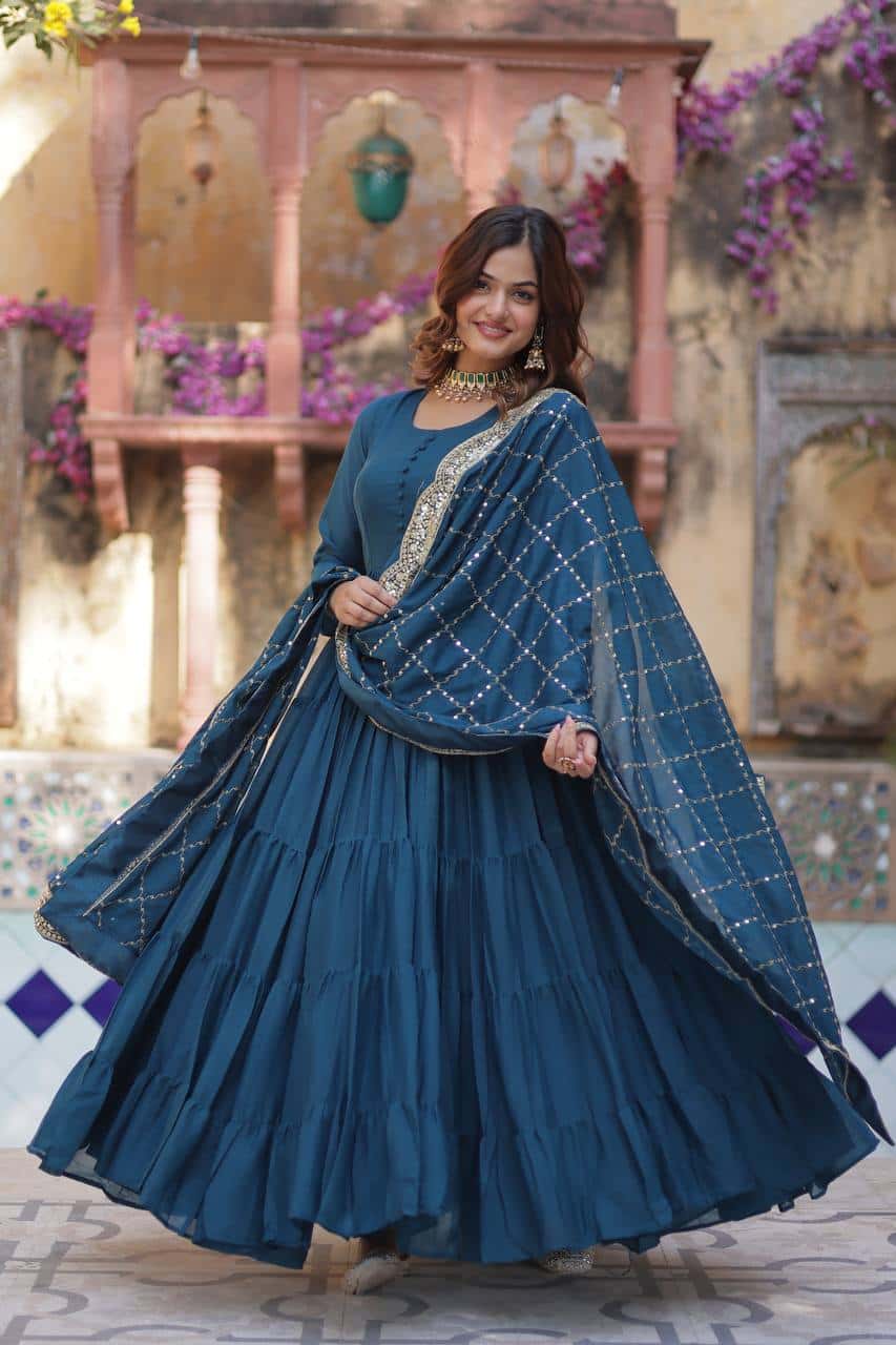 "Luxurious Star Georgette Gown with Full Sleeves and Sequins Dupatta"
