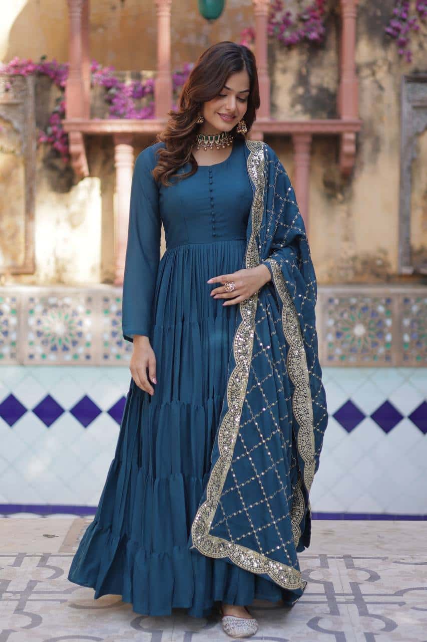 "Luxurious Star Georgette Gown with Full Sleeves and Sequins Dupatta"