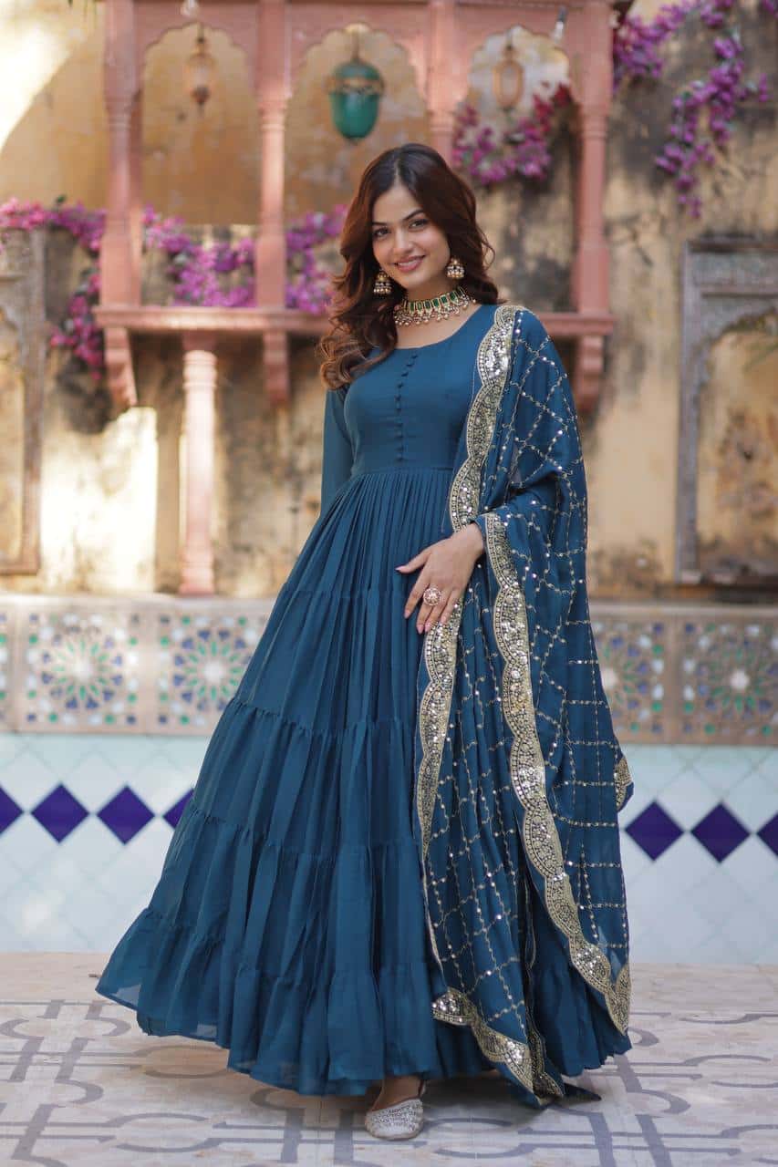 "Luxurious Star Georgette Gown with Full Sleeves and Sequins Dupatta"