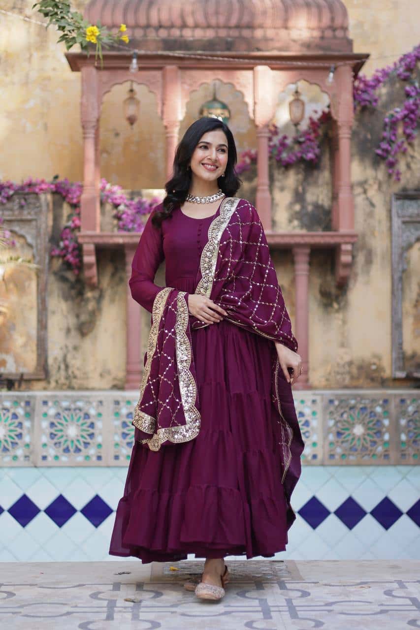 "Luxurious Star Georgette Gown with Full Sleeves and Sequins Dupatta"