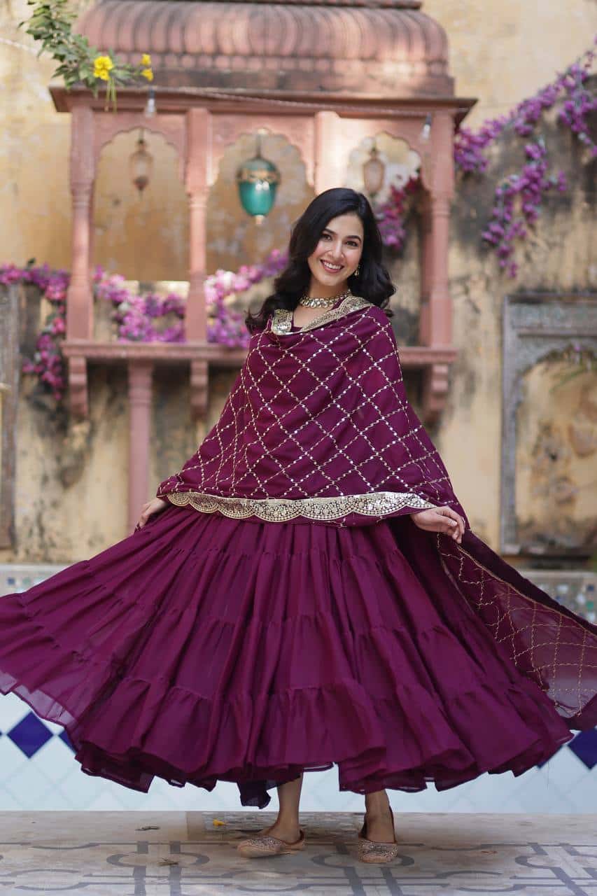 "Luxurious Star Georgette Gown with Full Sleeves and Sequins Dupatta"