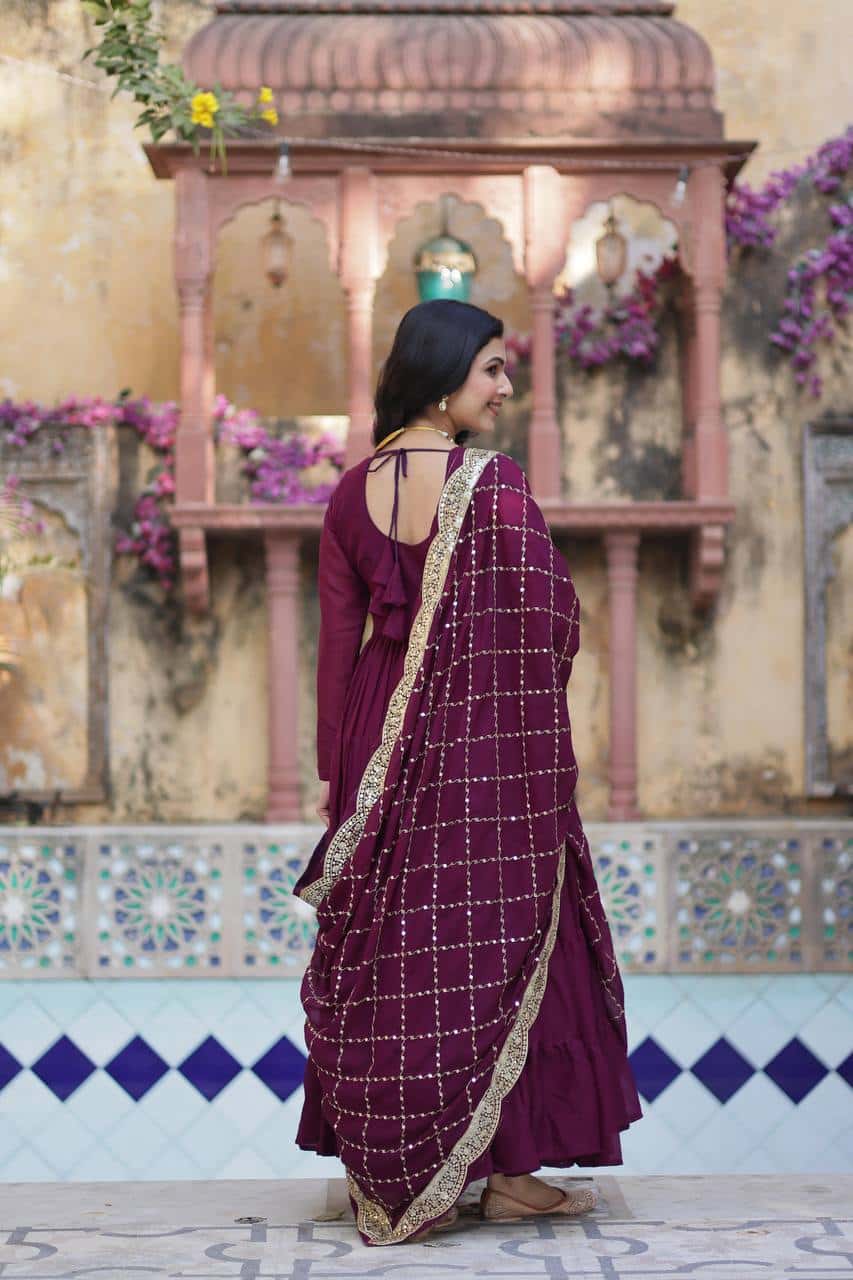 "Luxurious Star Georgette Gown with Full Sleeves and Sequins Dupatta"