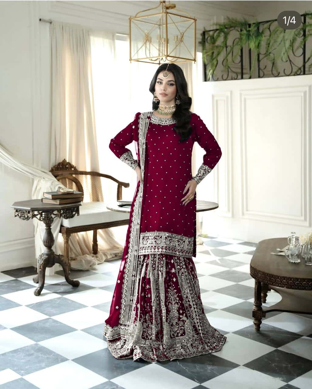 Heavy Faux Georgette Embroidered Top and  Gharara with Dupatta Set