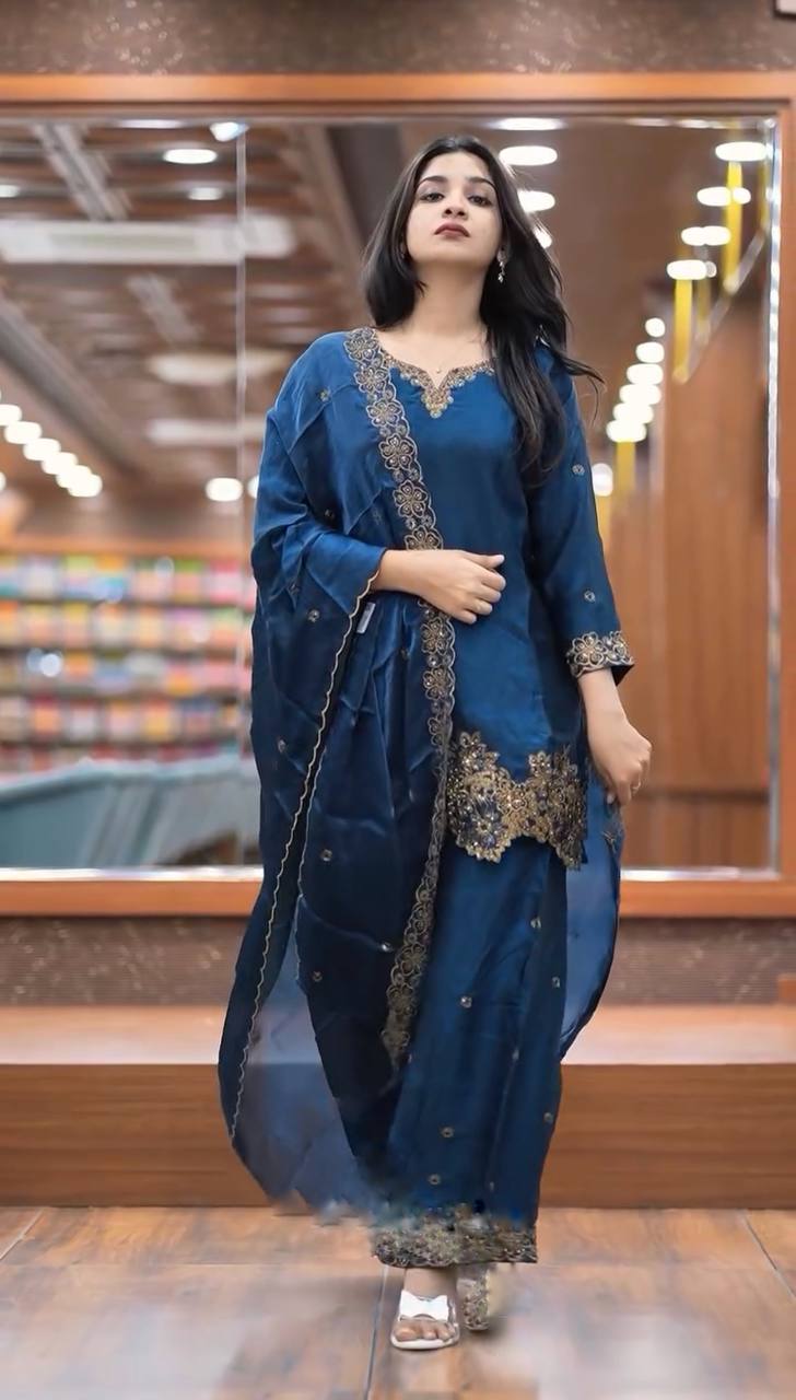 Latest designer silk hand embroidered short kurta palazzo with dupatta sets