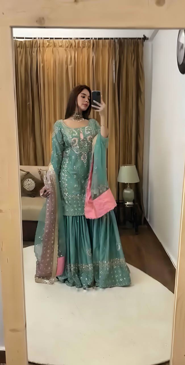 Designer Party Wear Chinnon Silk Top-Sharara Set with Embroidered Dupatta