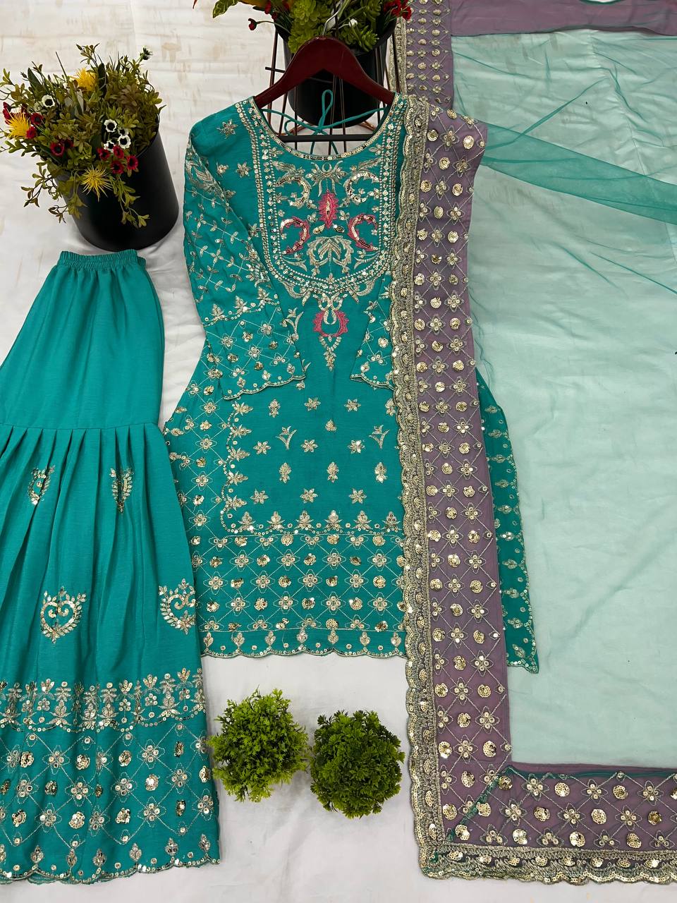 Designer Party Wear Chinnon Silk Top-Sharara Set with Embroidered Dupatta