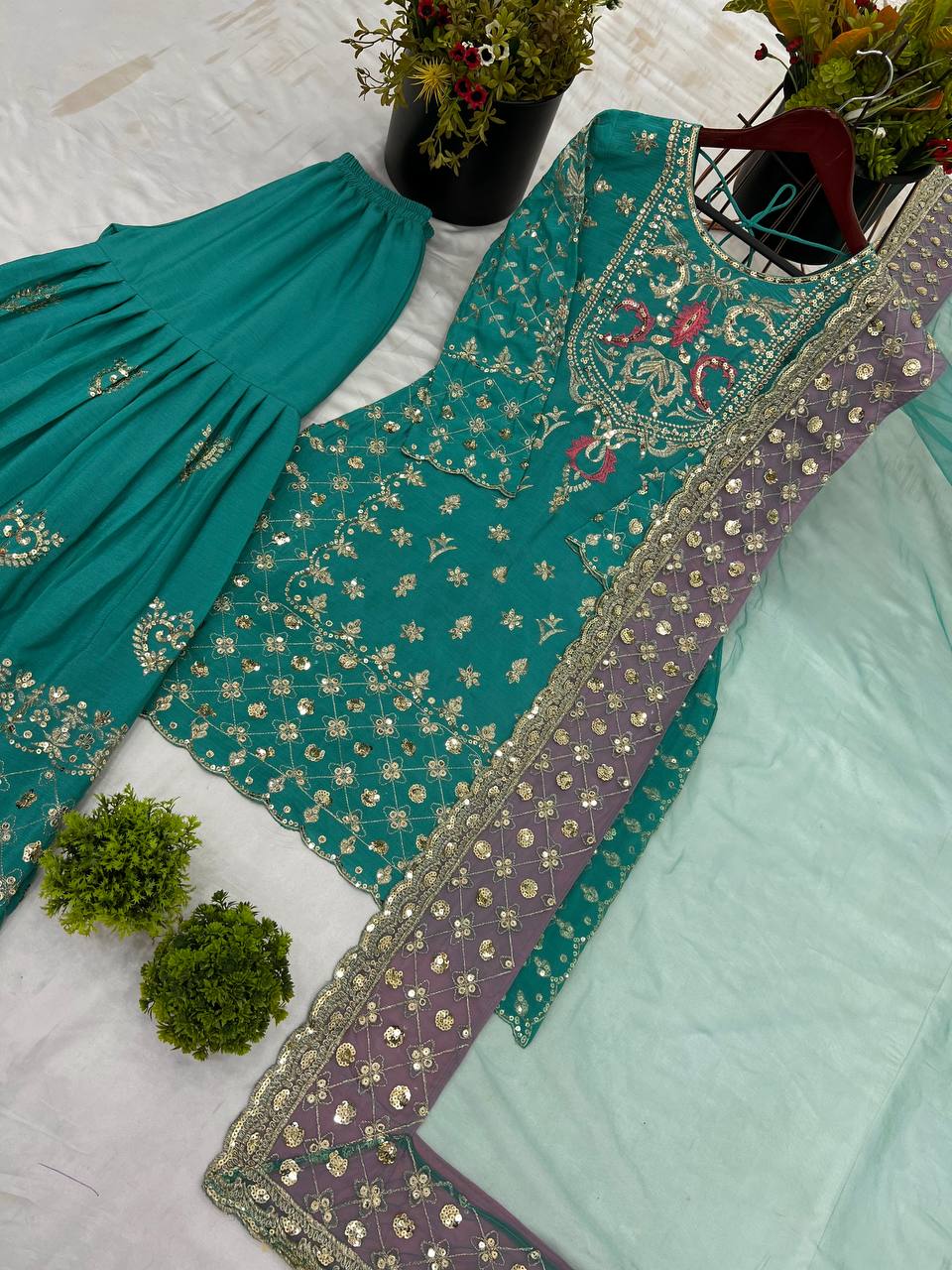 Designer Party Wear Chinnon Silk Top-Sharara Set with Embroidered Dupatta