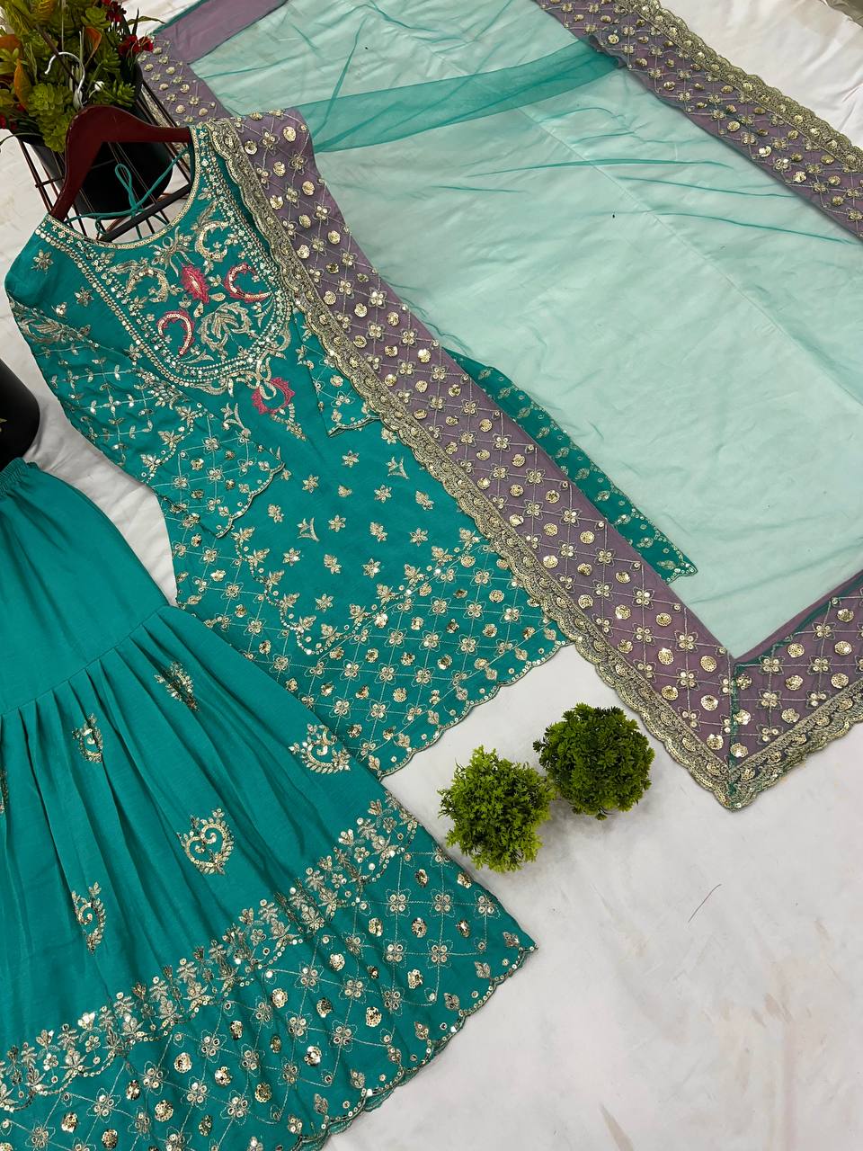 Designer Party Wear Chinnon Silk Top-Sharara Set with Embroidered Dupatta