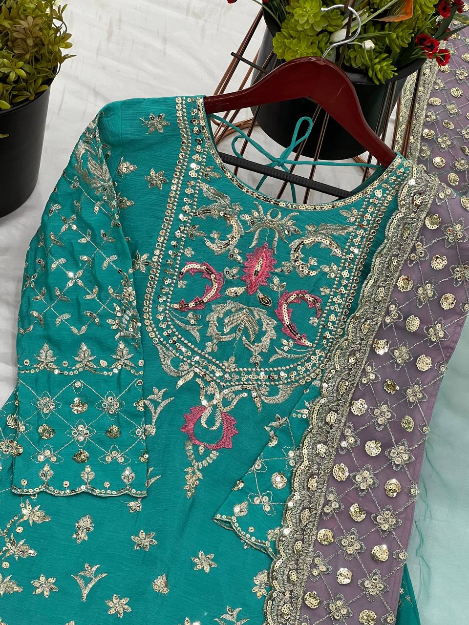 Designer Party Wear Chinnon Silk Top-Sharara Set with Embroidered Dupatta