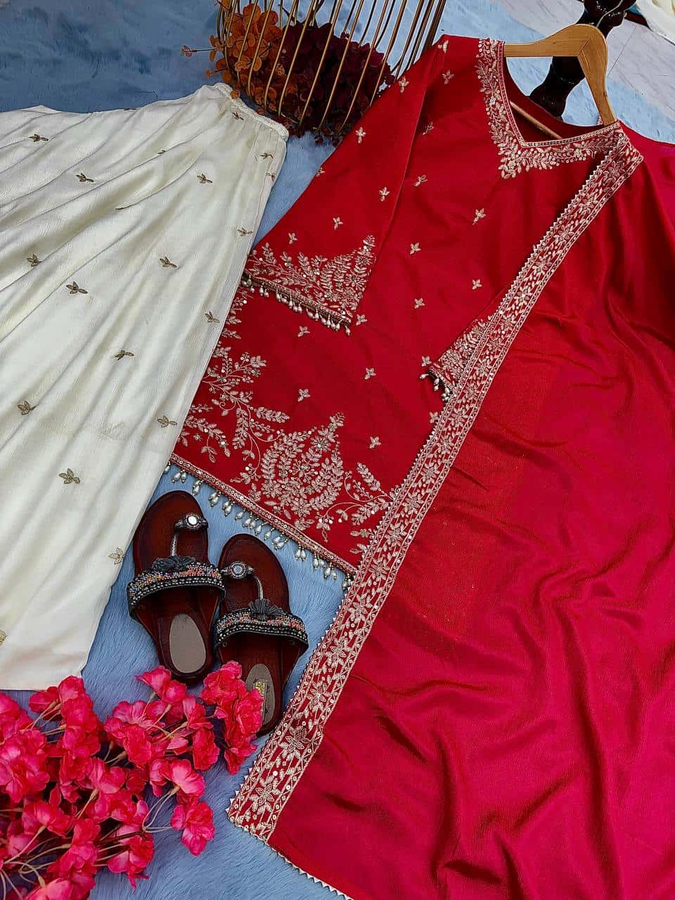 "Elegant Heavy Pur Chinon Silk Embroidered Suit Set with Sequence Work, Moti Latkan Border, and Matching Plazzo & Dupatta"