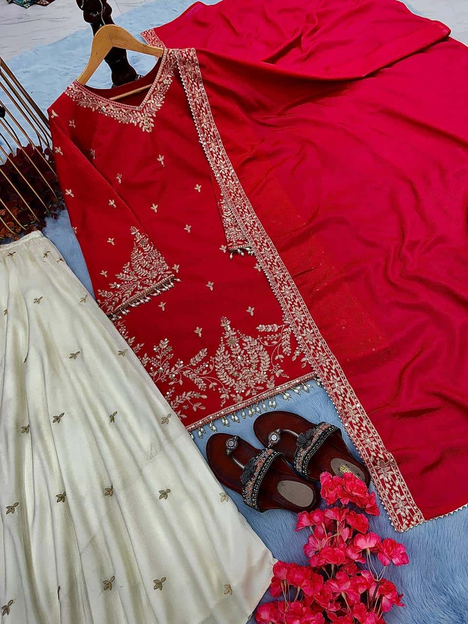 "Elegant Heavy Pur Chinon Silk Embroidered Suit Set with Sequence Work, Moti Latkan Border, and Matching Plazzo & Dupatta"
