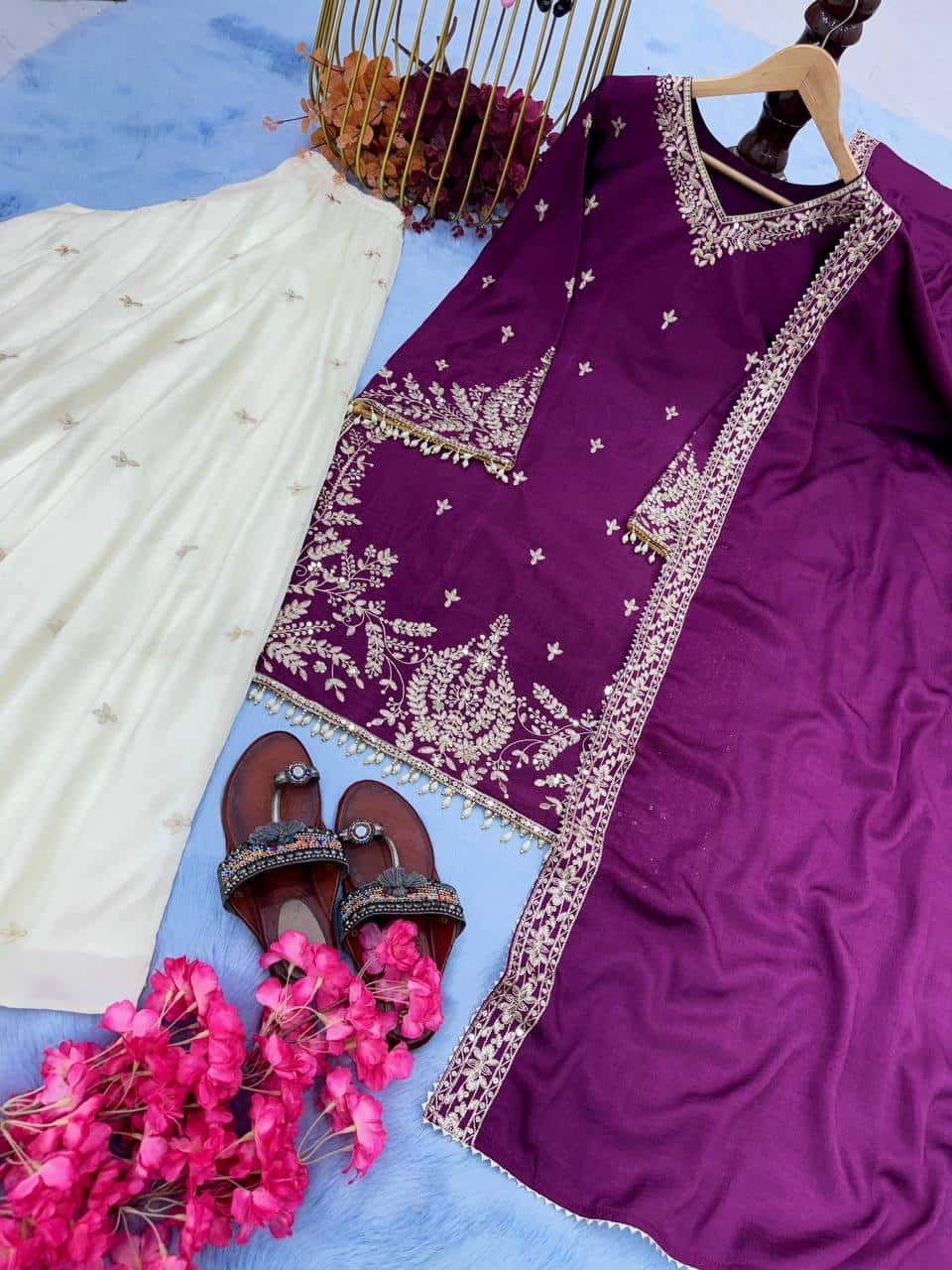 "Elegant Heavy Pur Chinon Silk Embroidered Suit Set with Sequence Work, Moti Latkan Border, and Matching Plazzo & Dupatta"