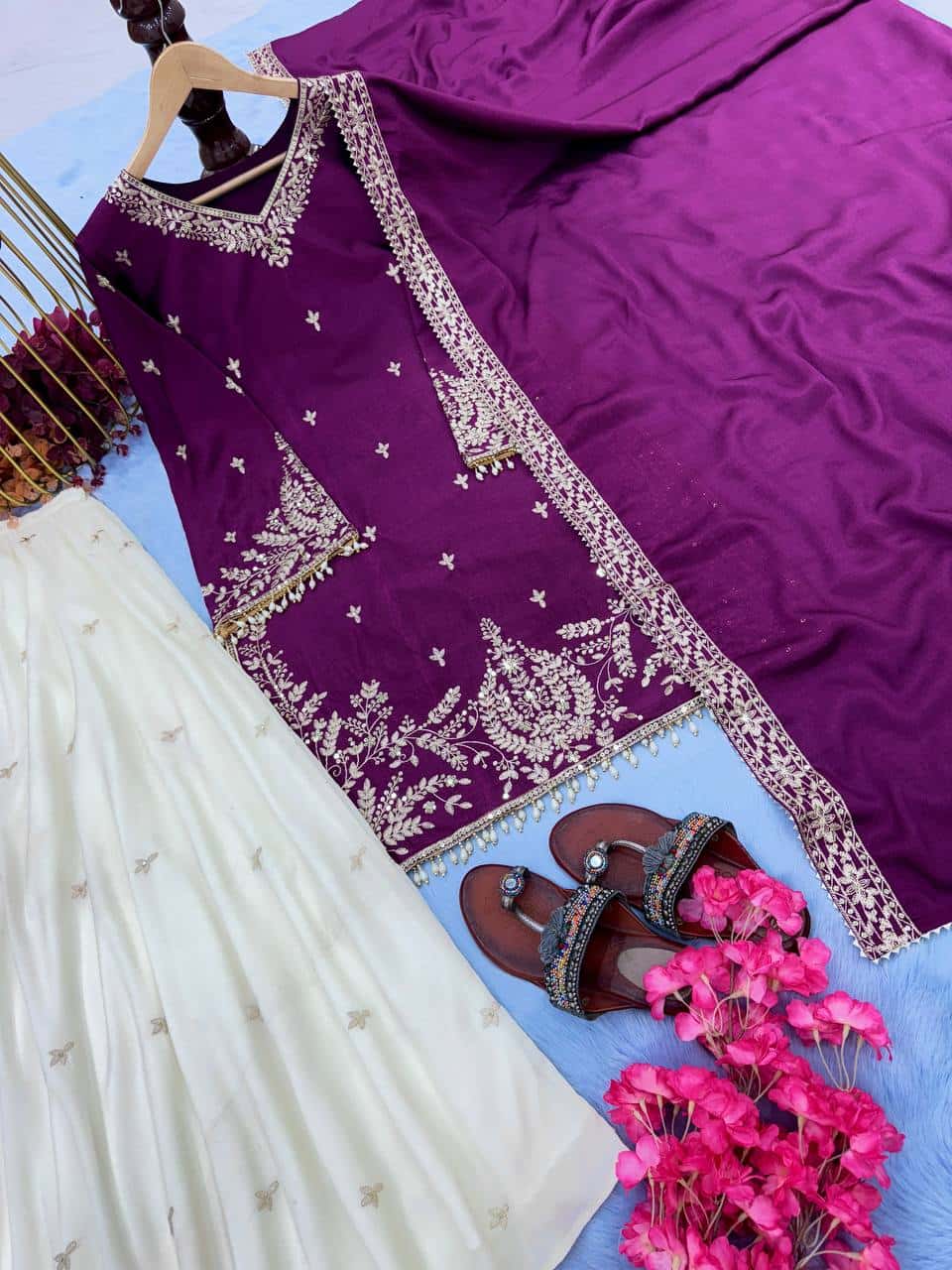 "Elegant Heavy Pur Chinon Silk Embroidered Suit Set with Sequence Work, Moti Latkan Border, and Matching Plazzo & Dupatta"