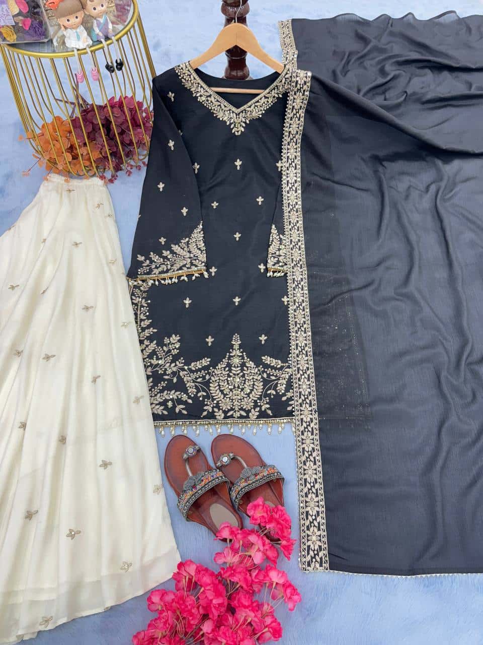"Elegant Heavy Pur Chinon Silk Embroidered Suit Set with Sequence Work, Moti Latkan Border, and Matching Plazzo & Dupatta"