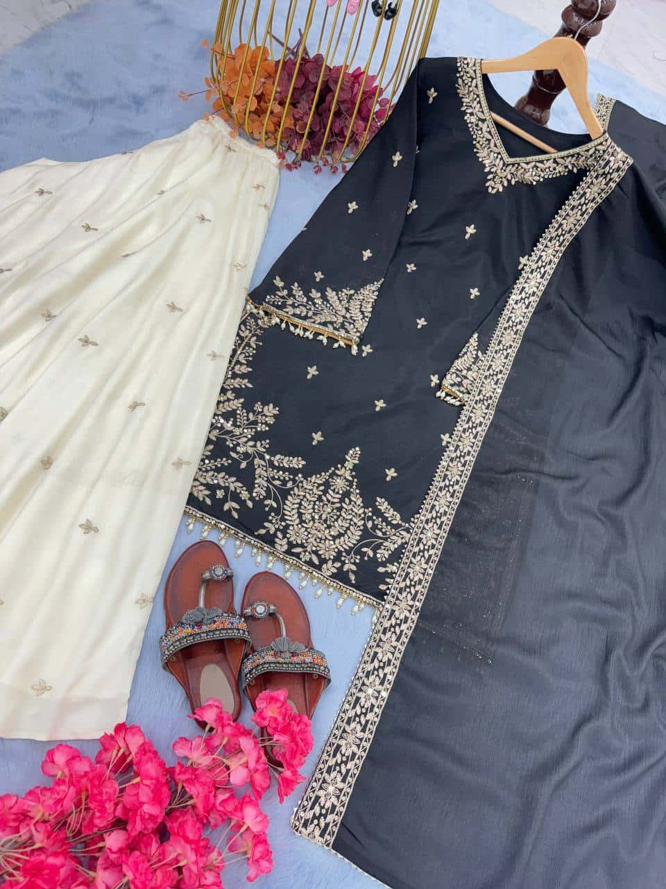 "Elegant Heavy Pur Chinon Silk Embroidered Suit Set with Sequence Work, Moti Latkan Border, and Matching Plazzo & Dupatta"