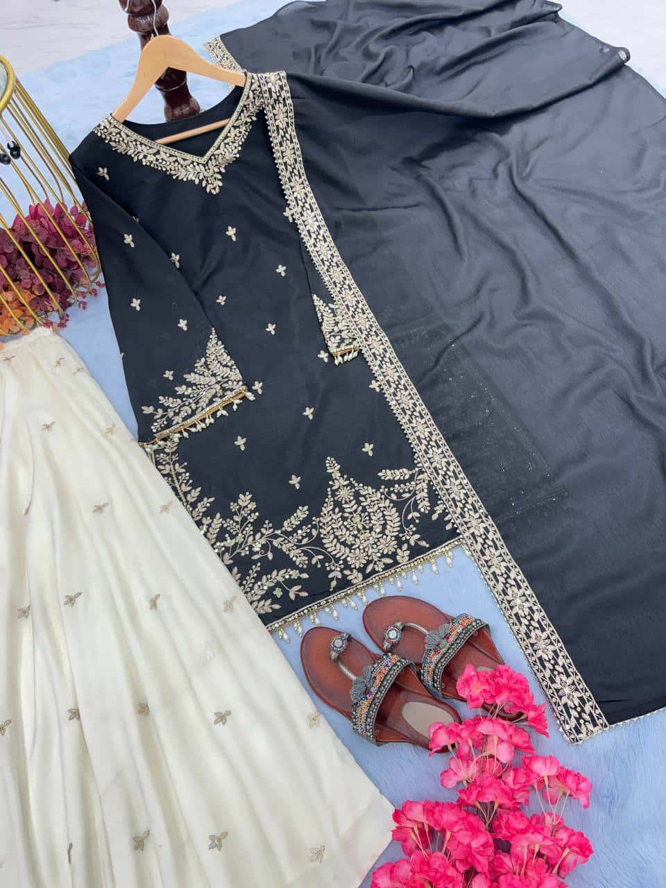 "Elegant Heavy Pur Chinon Silk Embroidered Suit Set with Sequence Work, Moti Latkan Border, and Matching Plazzo & Dupatta"
