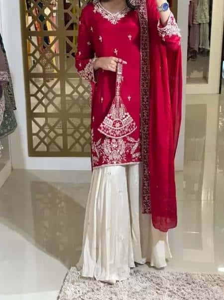 "Elegant Heavy Pur Chinon Silk Embroidered Suit Set with Sequence Work, Moti Latkan Border, and Matching Plazzo & Dupatta"
