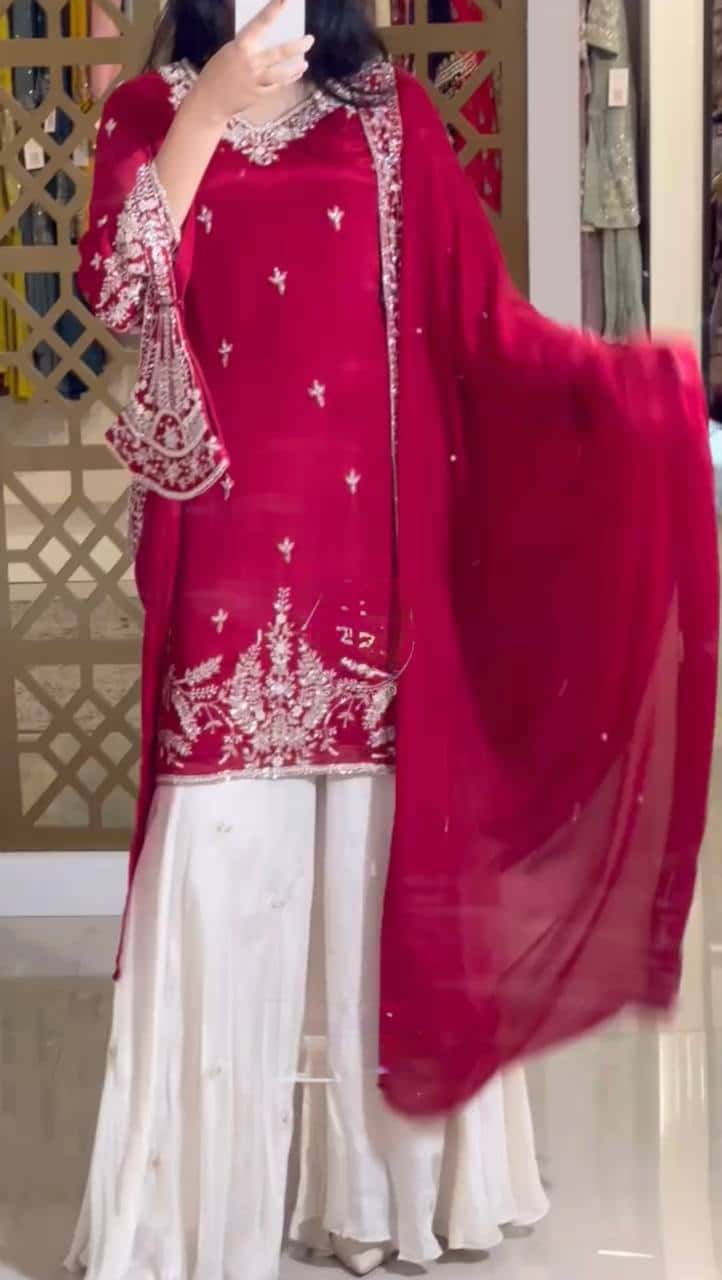 "Elegant Heavy Pur Chinon Silk Embroidered Suit Set with Sequence Work, Moti Latkan Border, and Matching Plazzo & Dupatta"