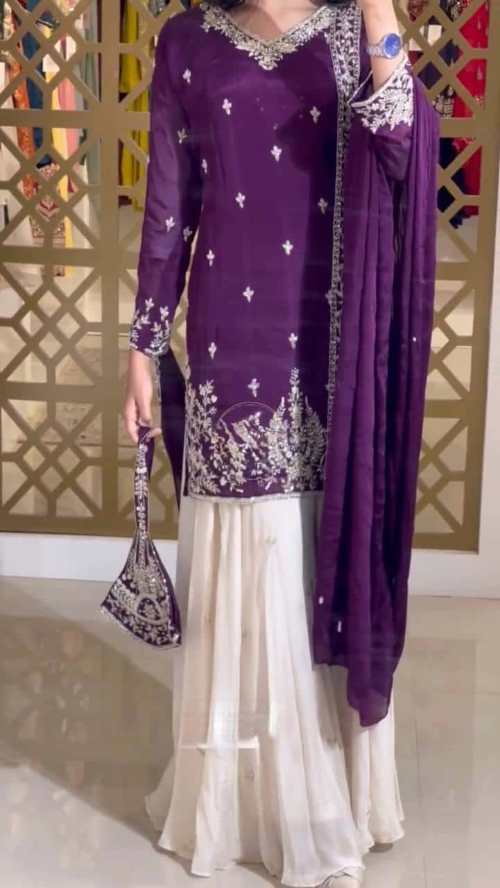 "Elegant Heavy Pur Chinon Silk Embroidered Suit Set with Sequence Work, Moti Latkan Border, and Matching Plazzo & Dupatta"