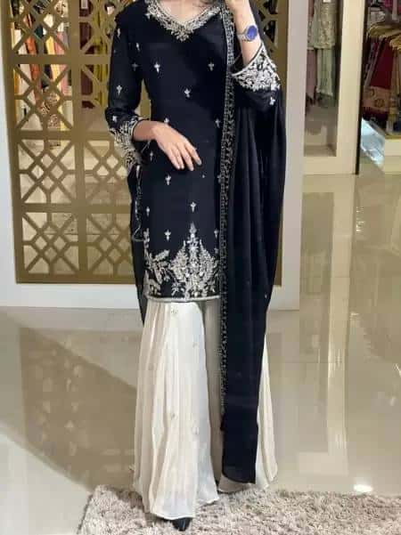 "Elegant Heavy Pur Chinon Silk Embroidered Suit Set with Sequence Work, Moti Latkan Border, and Matching Plazzo & Dupatta"
