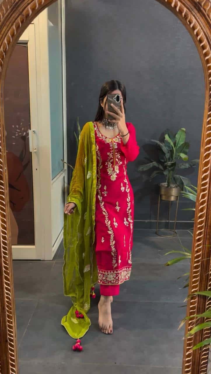 "Elegant Heavy Chinnon Silk Embroidered Set with Full Sleeves & Sequence Work"