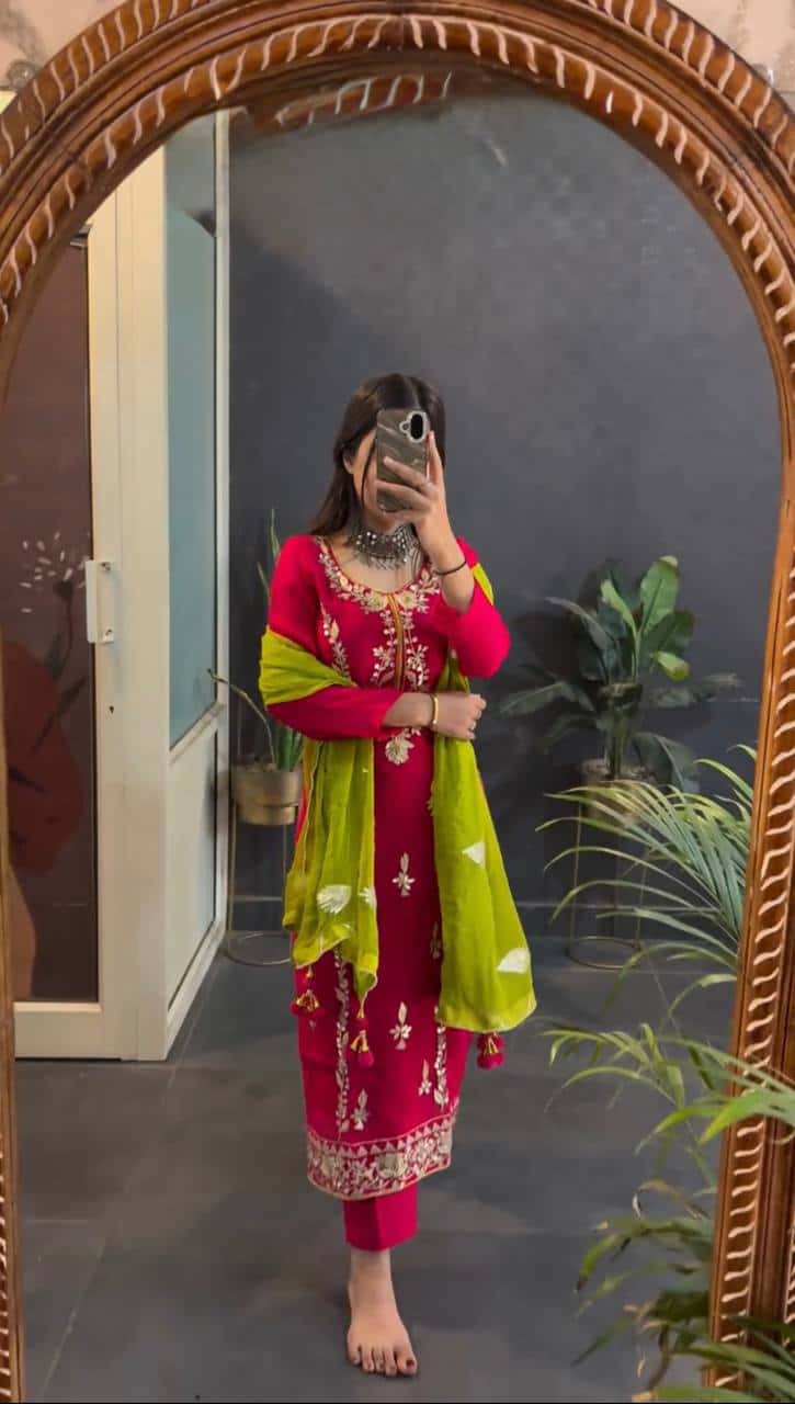 "Elegant Heavy Chinnon Silk Embroidered Set with Full Sleeves & Sequence Work"