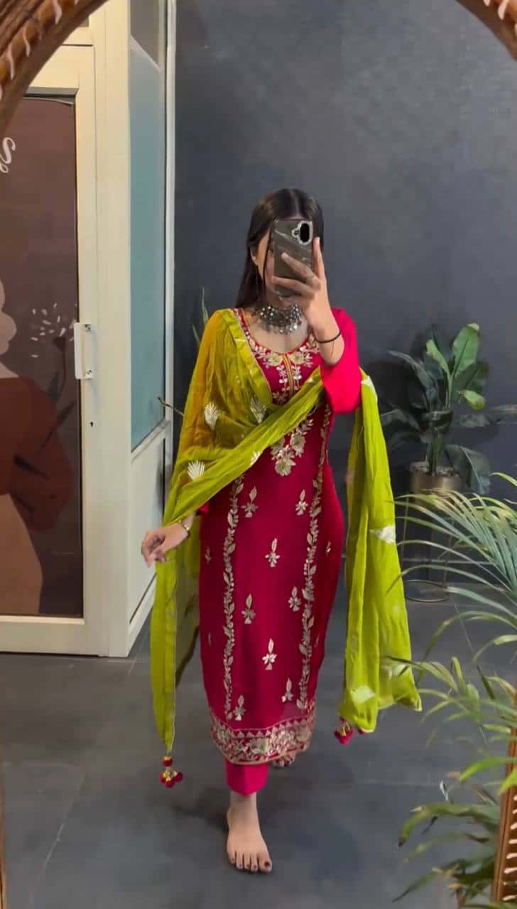 "Elegant Heavy Chinnon Silk Embroidered Set with Full Sleeves & Sequence Work"