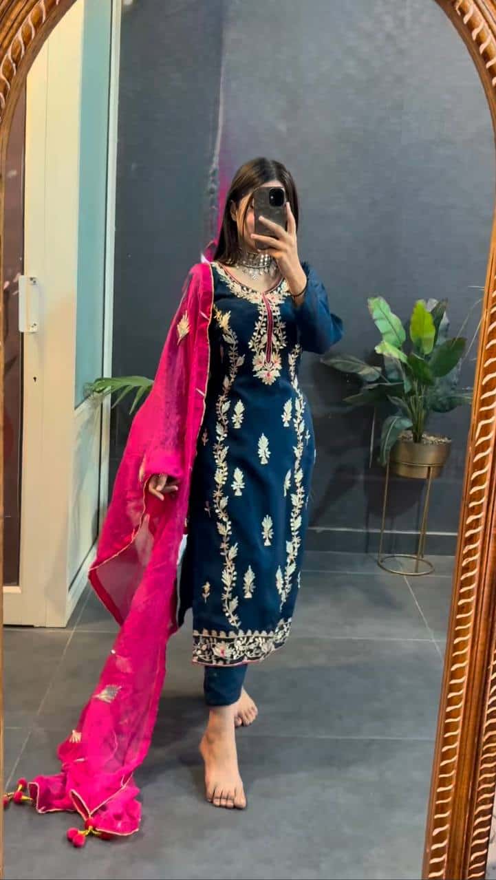 "Elegant Heavy Chinnon Silk Embroidered Set with Full Sleeves & Sequence Work"
