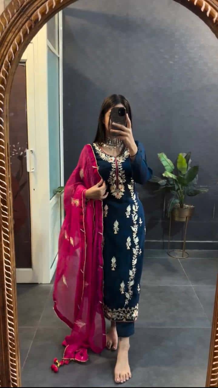 "Elegant Heavy Chinnon Silk Embroidered Set with Full Sleeves & Sequence Work"
