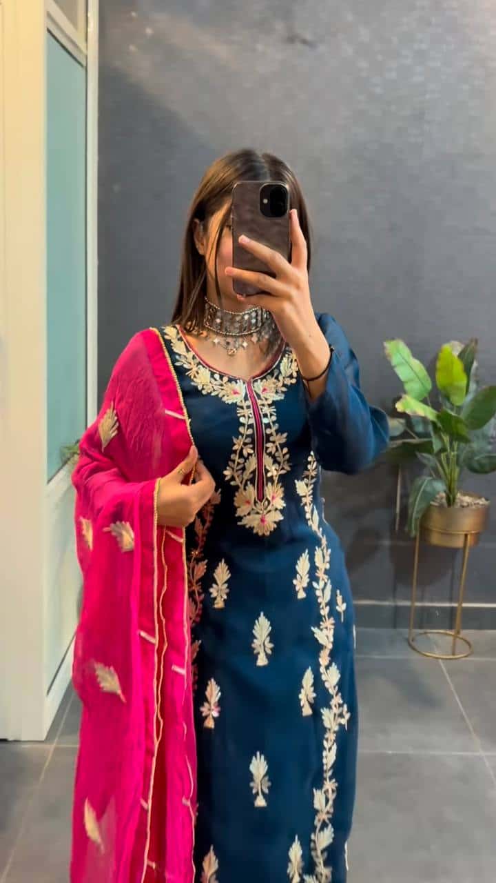 "Elegant Heavy Chinnon Silk Embroidered Set with Full Sleeves & Sequence Work"