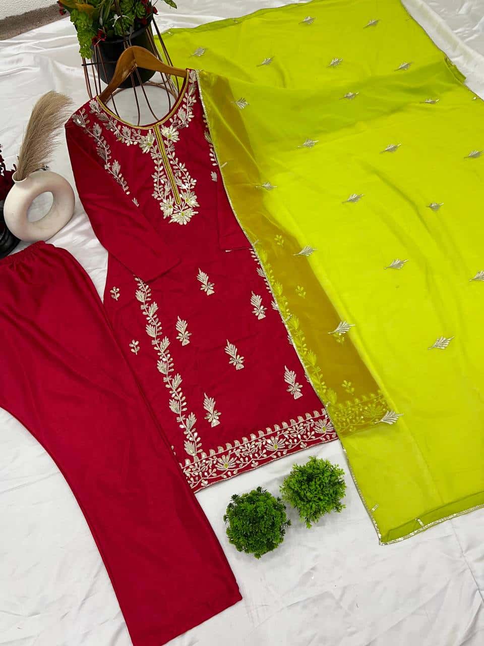 "Elegant Heavy Chinnon Silk Embroidered Set with Full Sleeves & Sequence Work"
