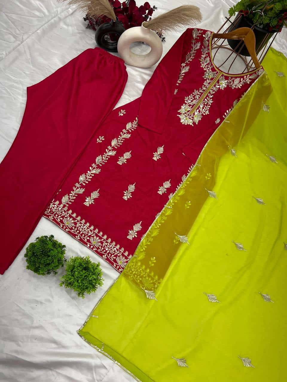 "Elegant Heavy Chinnon Silk Embroidered Set with Full Sleeves & Sequence Work"