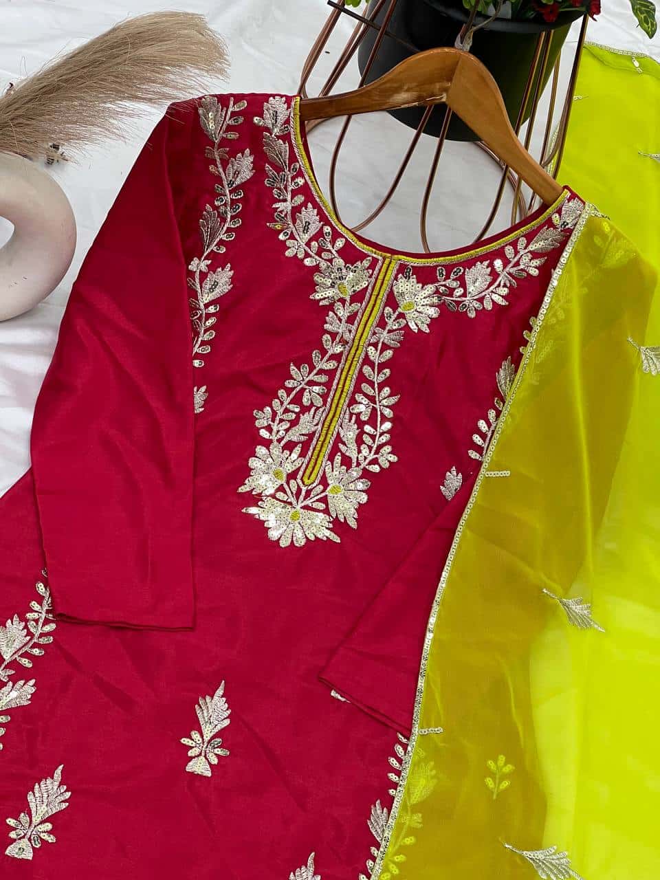 "Elegant Heavy Chinnon Silk Embroidered Set with Full Sleeves & Sequence Work"