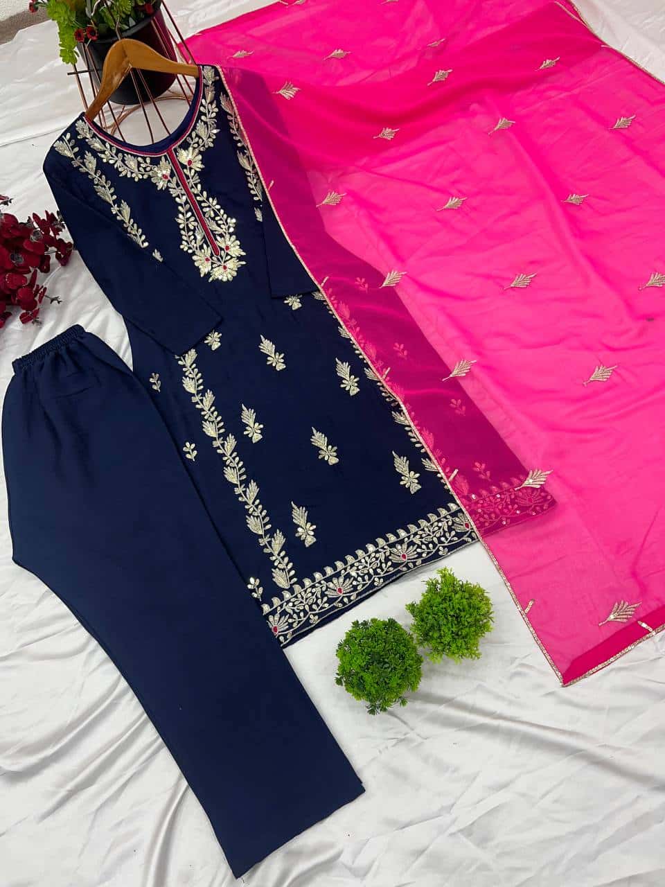 "Elegant Heavy Chinnon Silk Embroidered Set with Full Sleeves & Sequence Work"