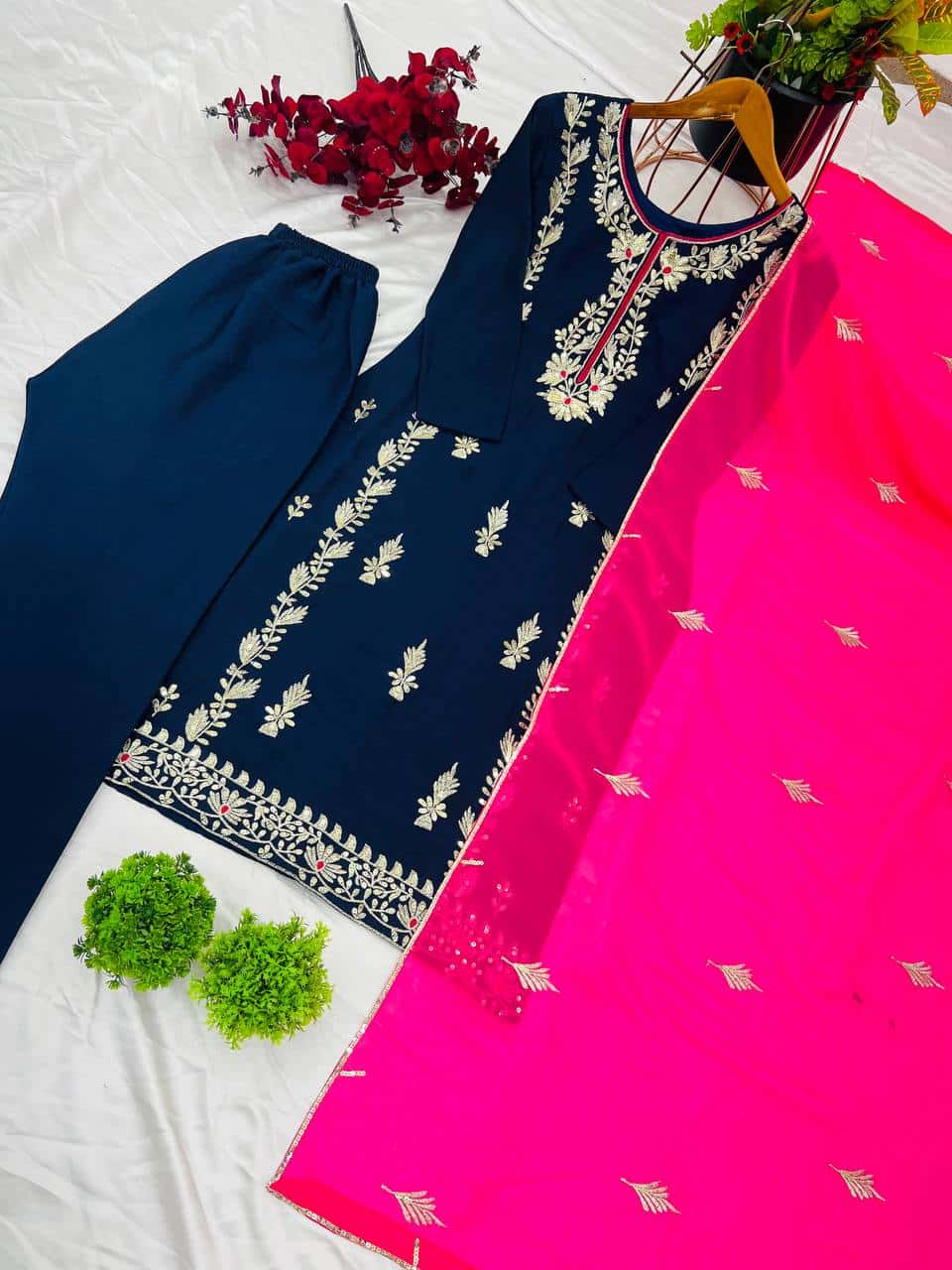 "Elegant Heavy Chinnon Silk Embroidered Set with Full Sleeves & Sequence Work"