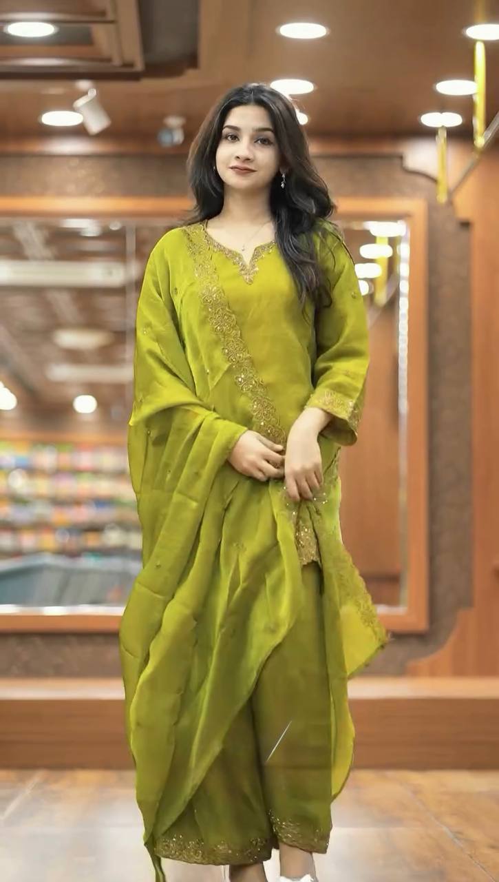 Latest designer silk hand embroidered short kurta palazzo with dupatta sets