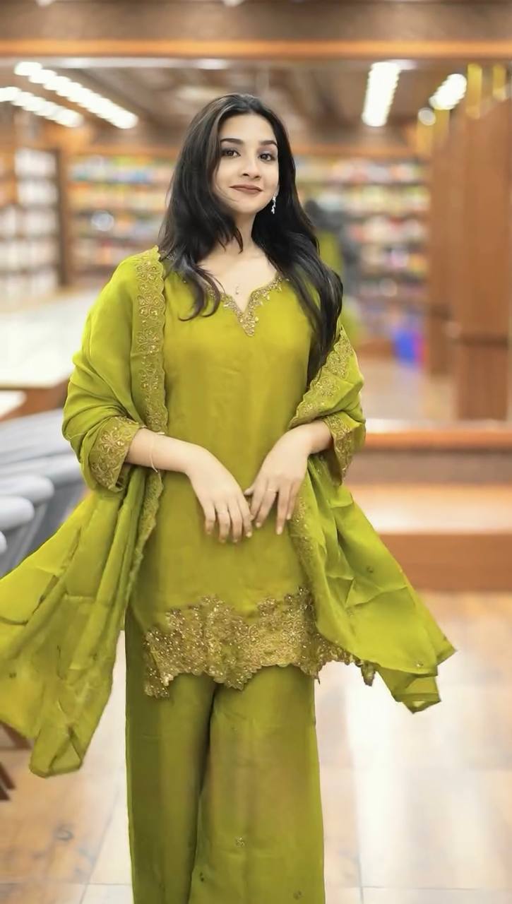 Latest designer silk hand embroidered short kurta palazzo with dupatta sets