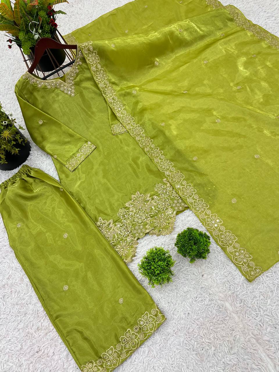 Latest designer silk hand embroidered short kurta palazzo with dupatta sets